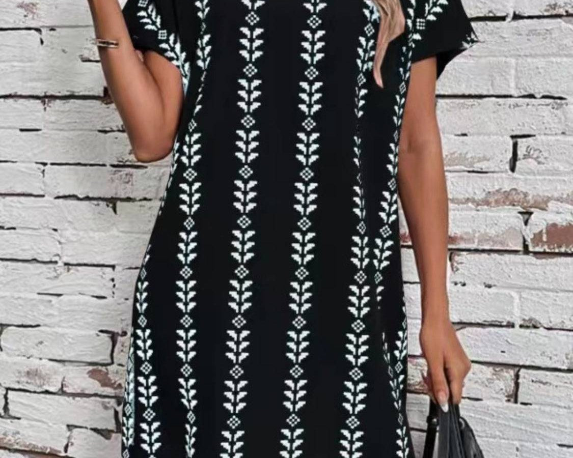 NYLD Wheat Motif Printed Round Neck Short Sleeve Dress - NEWYORKLISTED