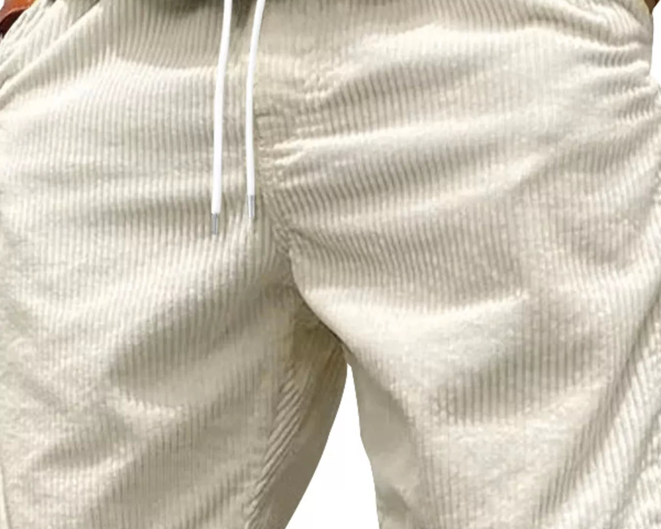 NEWYORKLISTED ATLAS MEN'S COLLECTION: White corduroy shorts worn by a person on a white background