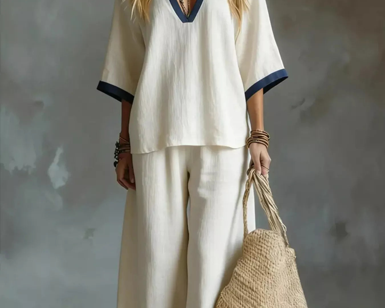 NEWYORKLISTED STYLE COLLECTION: Woman in a white outfit with blue trim holding a woven bag against a gray background
