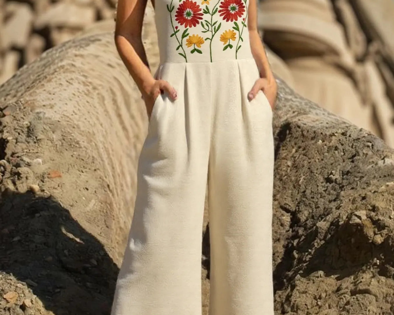 NEWYORKLISTED STYLE COLLECTION: Floral Embroidered Wide Leg Jumpsuit – Modern Elegance Meets Boho Charm in Tan