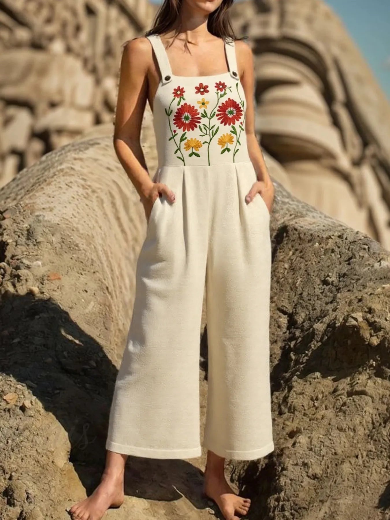 NEWYORKLISTED STYLE COLLECTION: Floral Embroidered Wide Leg Jumpsuit – Modern Elegance Meets Boho Charm in Tan