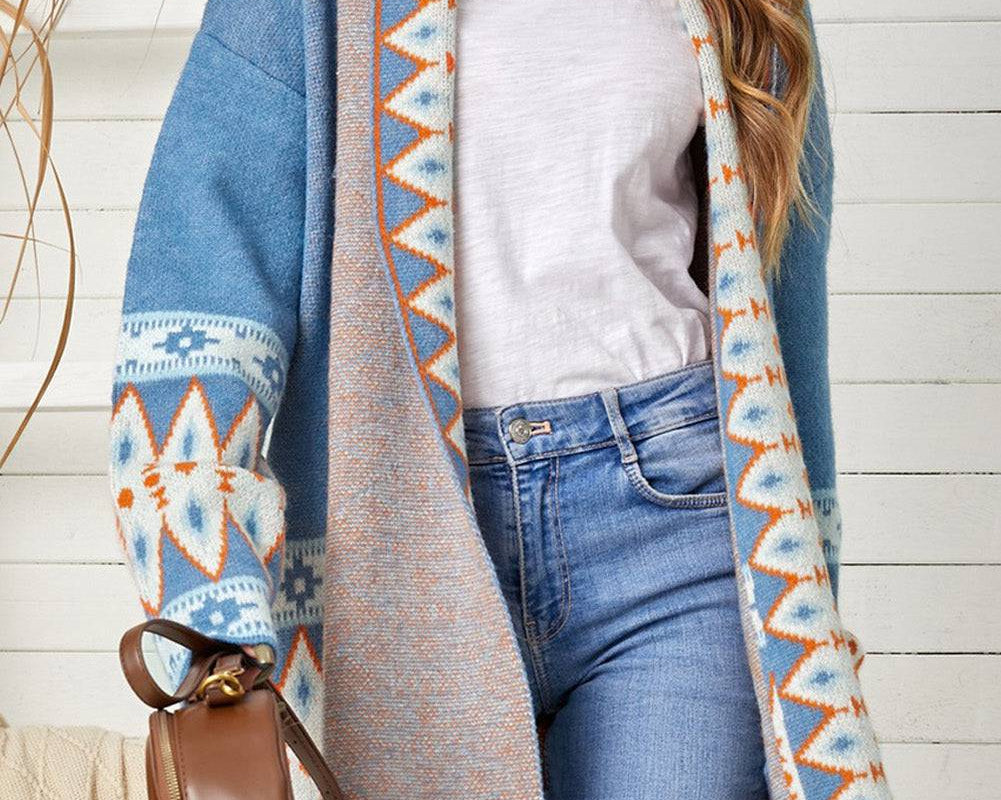 Geometric Open Front Long Sleeve Cardigan - NEWYORKLISTED