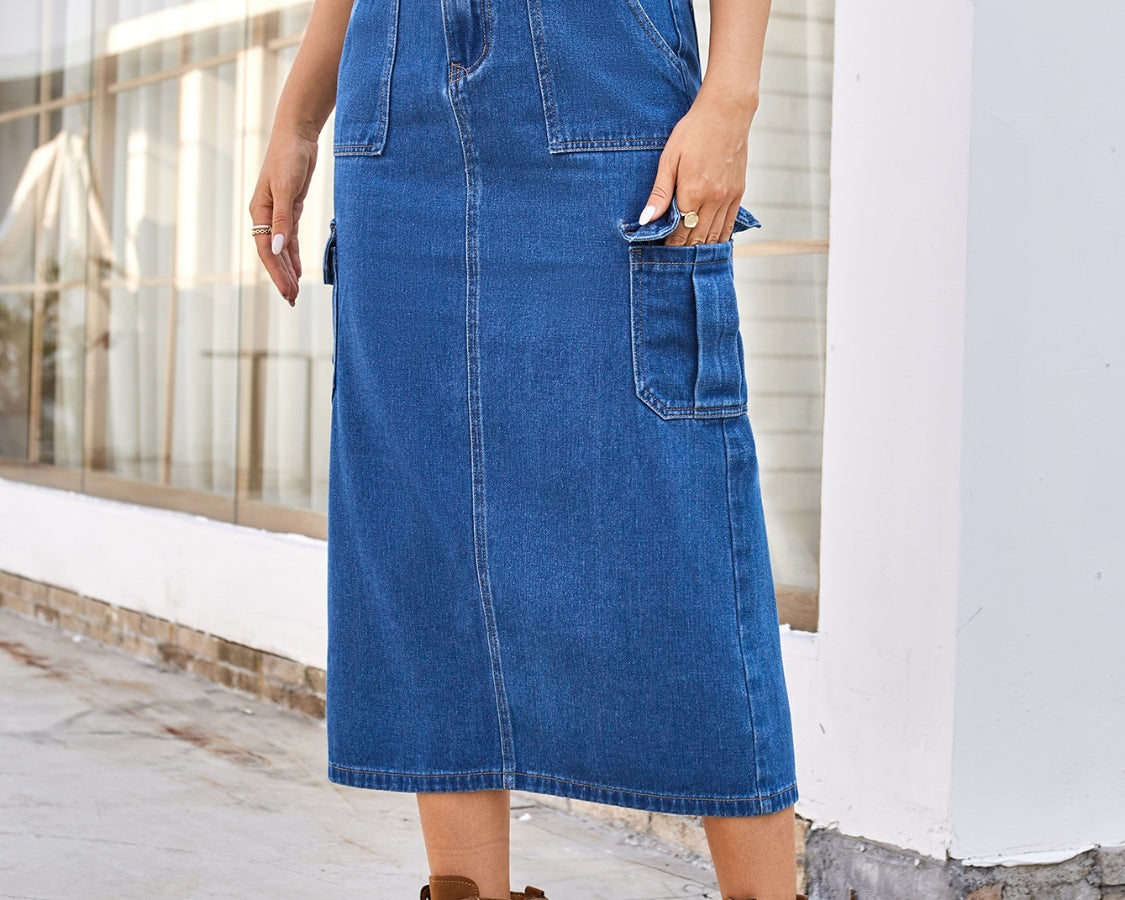Slit Midi Denim Skirt with Pockets - NEWYORKLISTED