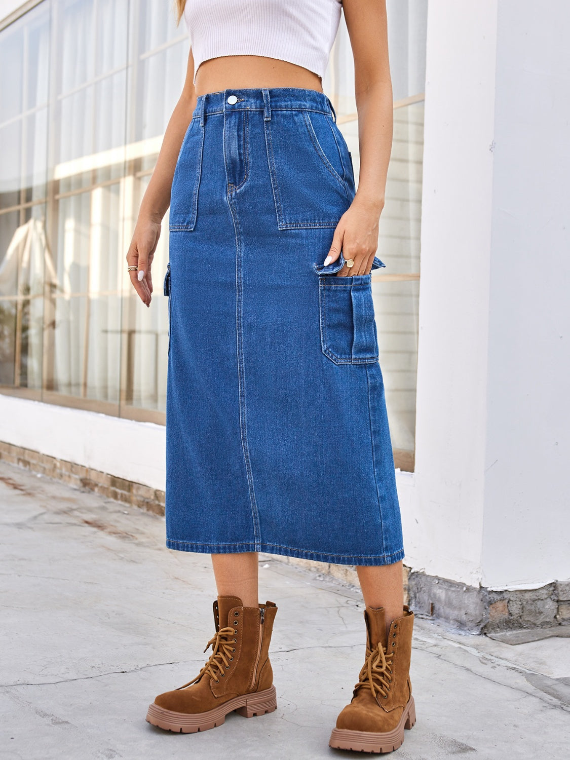 Slit Midi Denim Skirt with Pockets - NEWYORKLISTED