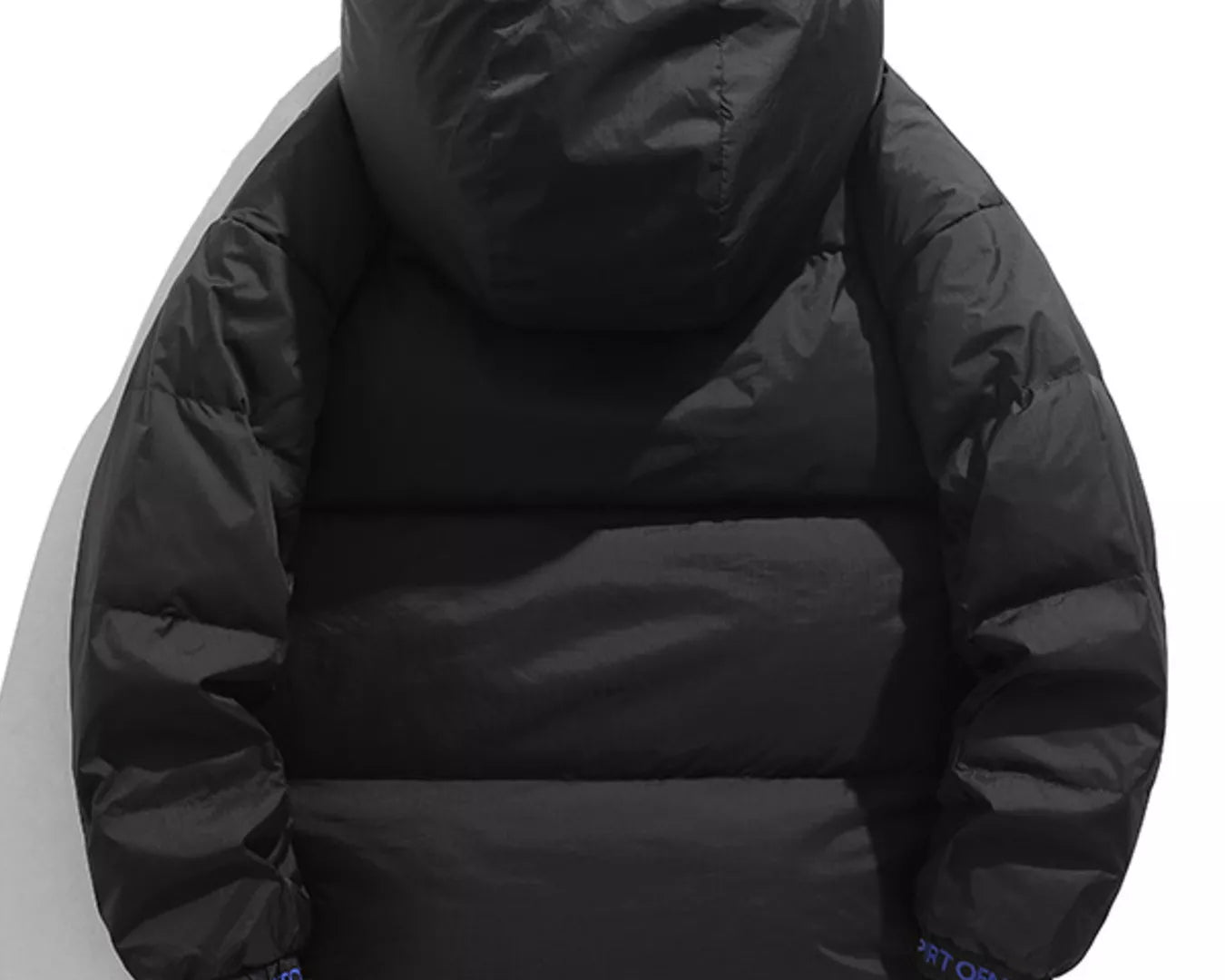 NEWYORKLISTED ATLAS MEN’S COLLECTION: Black puffer jacket with blue accents on a white background