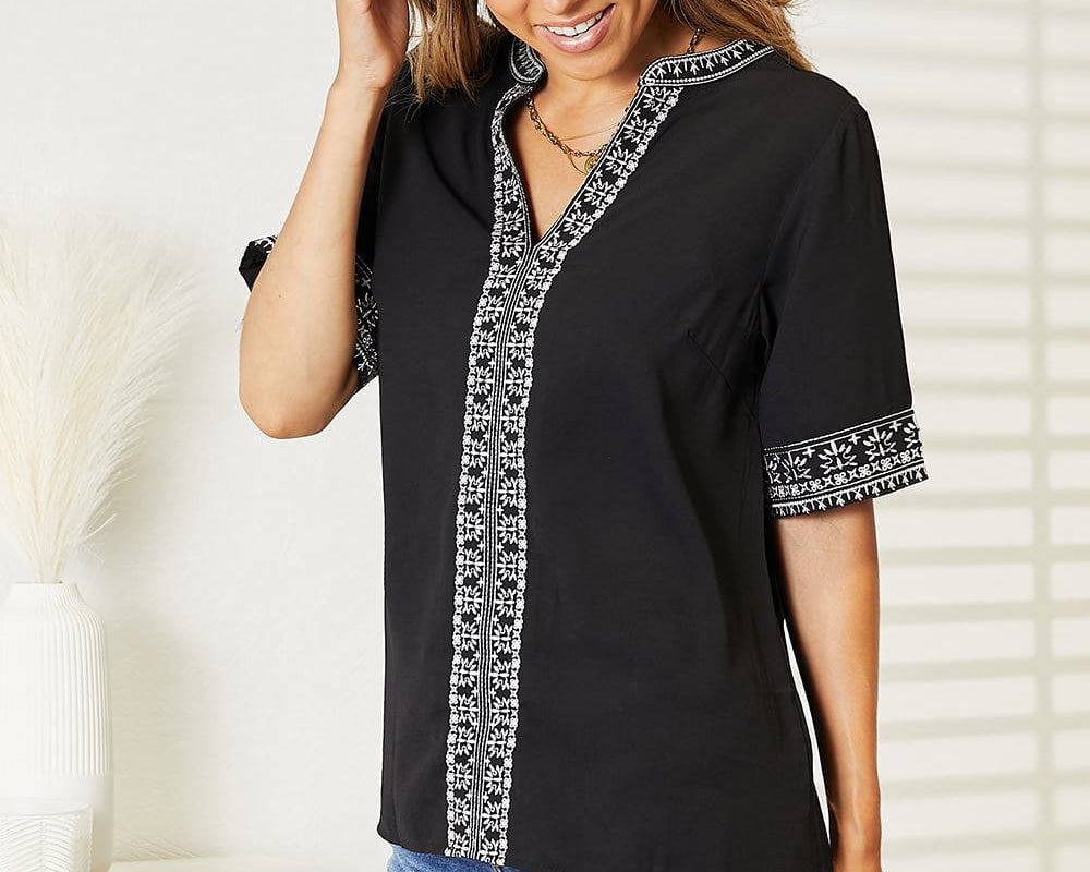 NEWYORKLISTED: Embroidered Notched Neck Top - NEWYORKLISTED