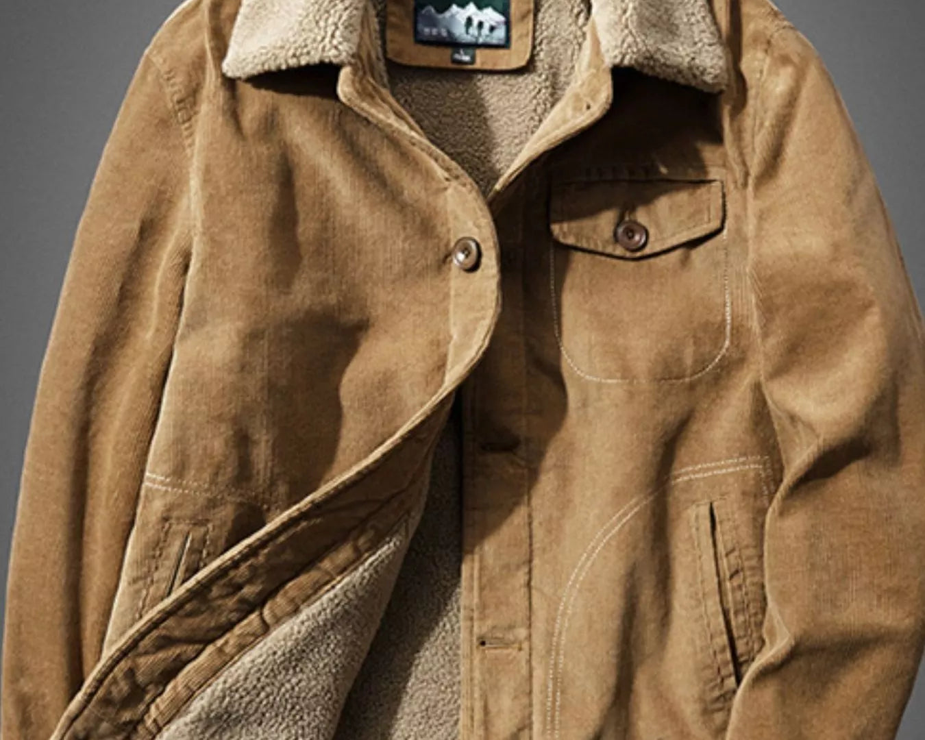 NEWYORKLISTED ATLAS MEN'S COLLECTION: Brown jacket with sherpa lining on a gray background