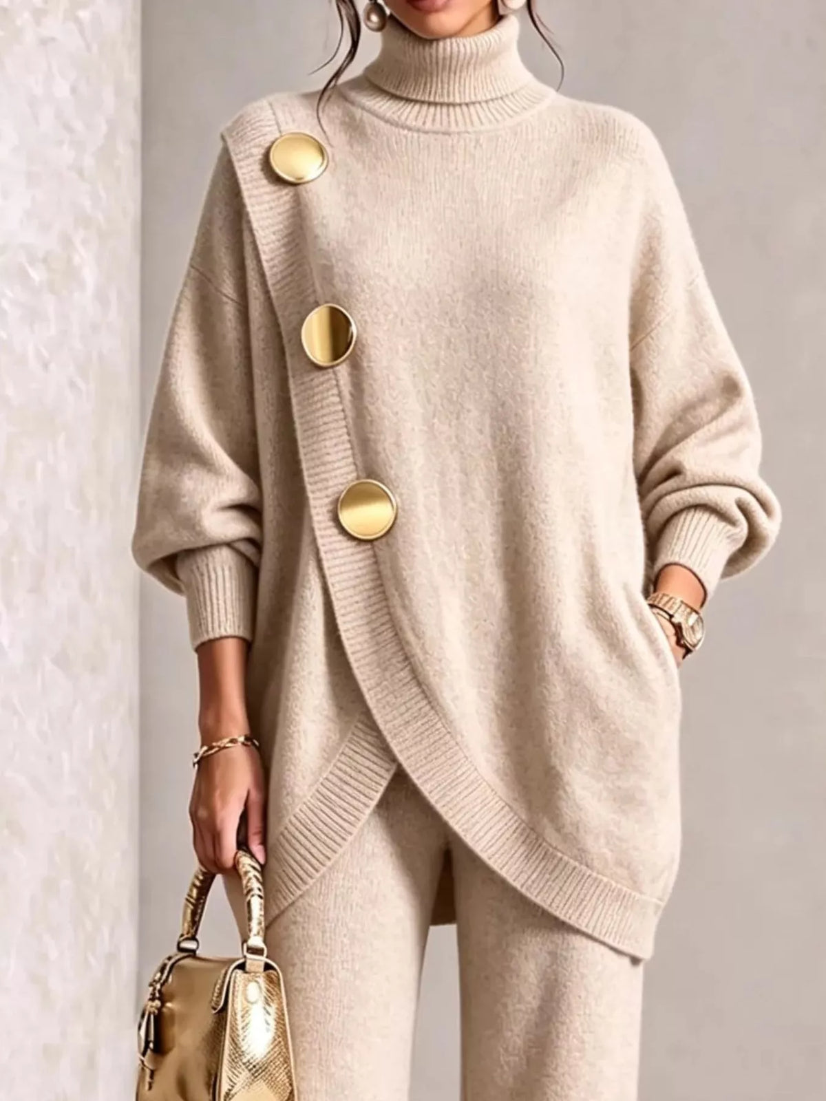 NEWYORKLISTED STYLE COLLECTION: A woman wearing a beige oversized turtleneck sweater with large gold-tone decorative buttons and matching beige pants, holding a small gold handbag against a light textured wall.