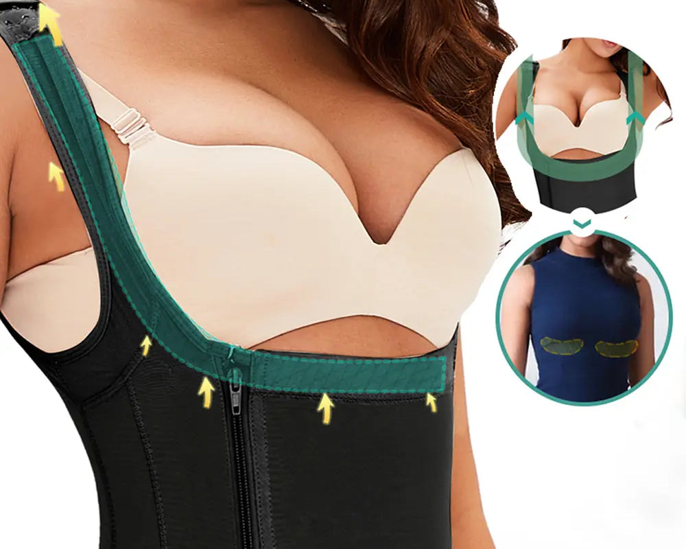 NEWYORKLISTED Intimate Apparel: Woman wearing a black waist trainer with green accents, showing close-up details on a white background.