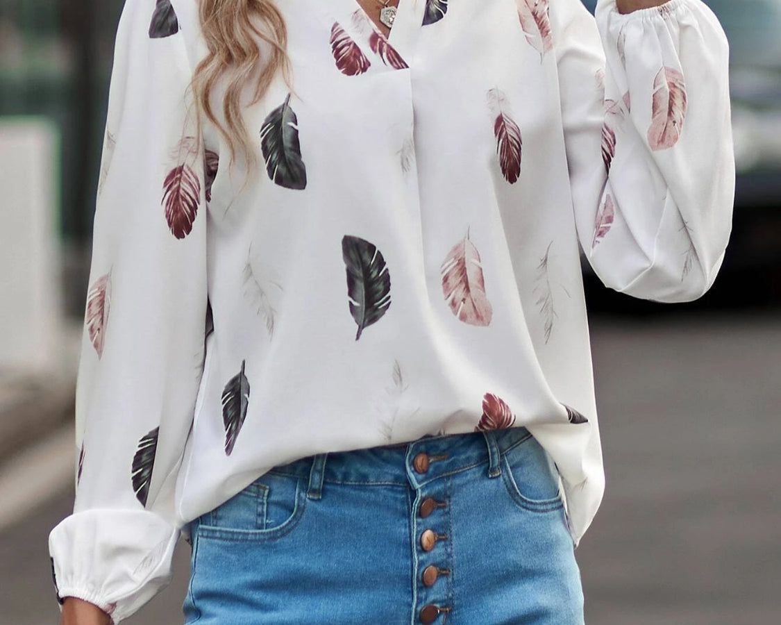 NEWYORKLISTED STYLE COLLECTION: Feather Print Balloon Sleeve Top - NEWYORKLISTED