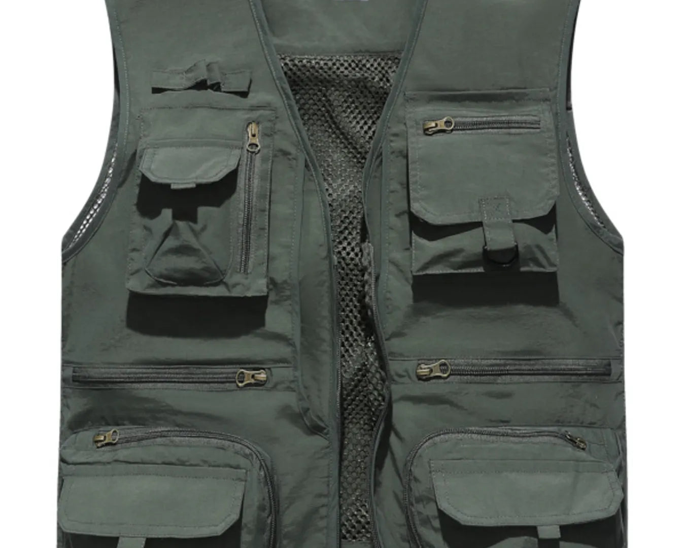 NEWYORKLISTED ATLAS MEN"S COLLECTION: Green vest with multiple pockets and zippers on a white background