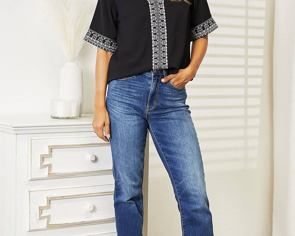 NEWYORKLISTED: Embroidered Notched Neck Top - NEWYORKLISTED