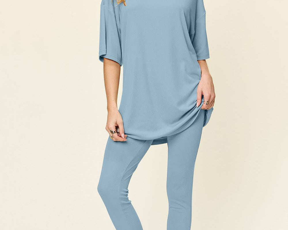 NEWYORKLISTED STYLE COLLECTION: Round Neck Dropped Shoulder T-Shirt and Leggings Set - NEWYORKLISTED