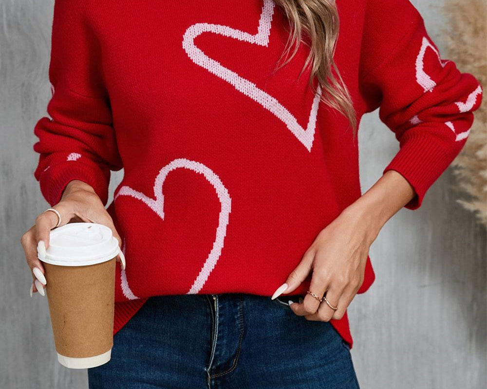 NEWYORKLISTED STYLE COLLECTION: Heart Dropped Shoulder Long Sleeve Sweater - NEWYORKLISTED