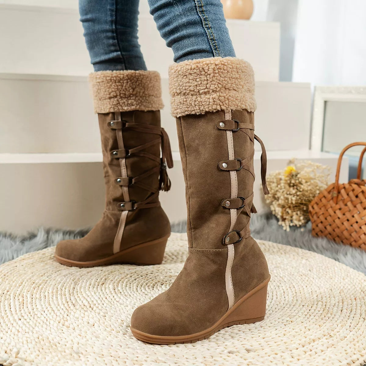 NEWYORKLISTED SHOE COLLECTION: Brown knee-high boots with fur trim worn by a person, sitting on a textured surface.