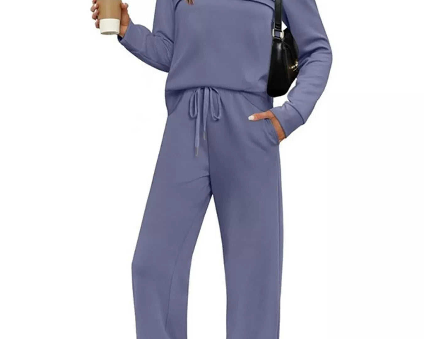 NEWYORKLISTED COMFORT COLLECTION: Woman wearing a purple lounge set holding a coffee cup on a white background