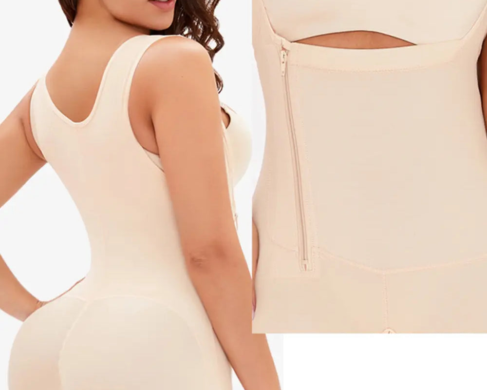 NEWYORKLISTED Intimate Apparel: Woman wearing a beige shapewear bodysuit with close-up of the design.