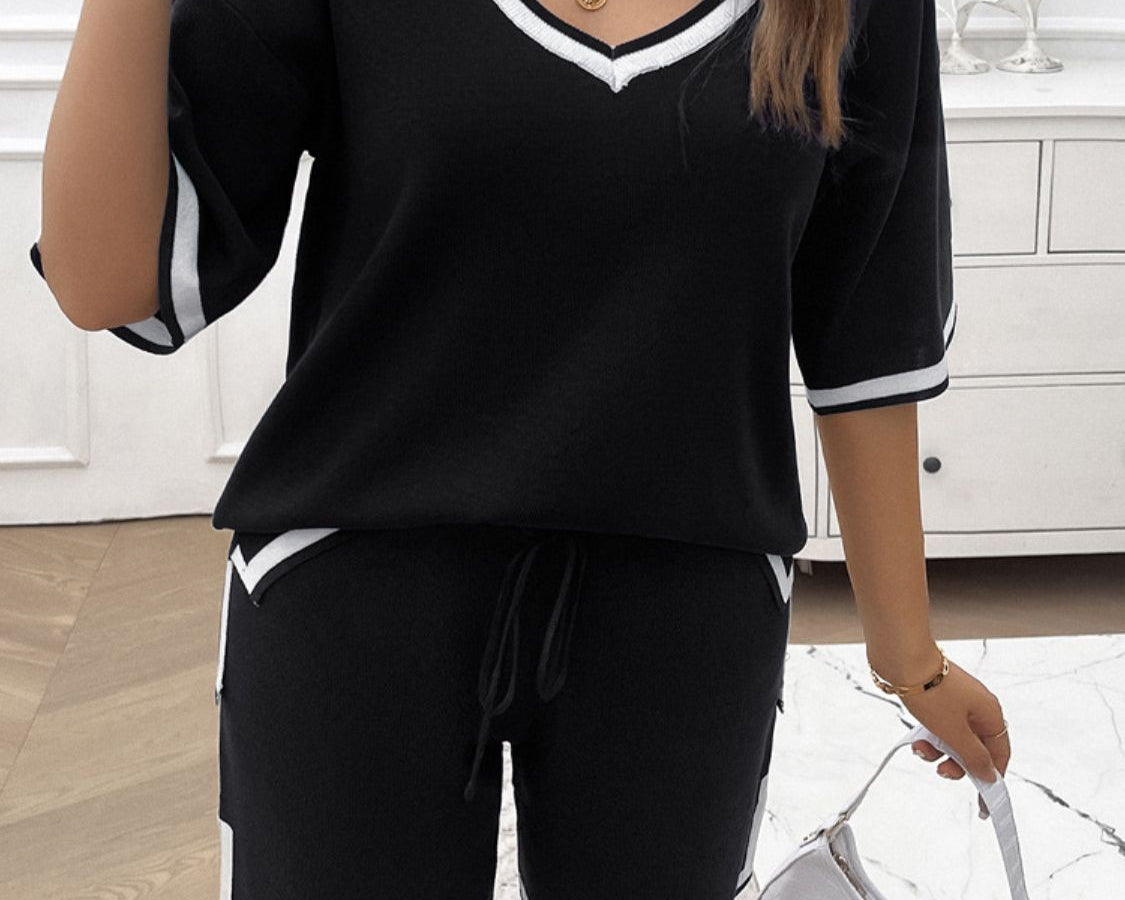 NYLD: Contrast Trim V-Neck Top and Shorts Set - NEWYORKLISTED