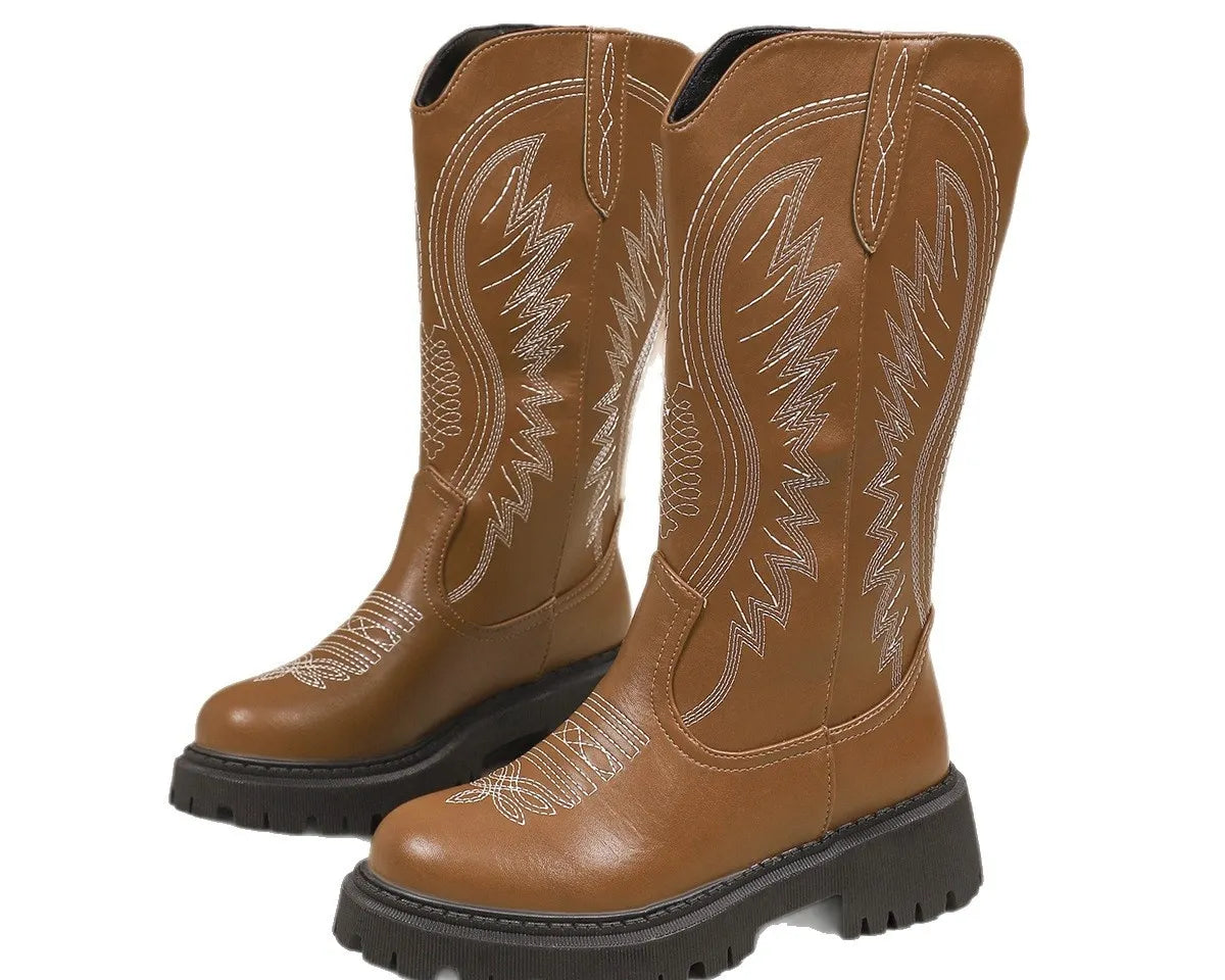 NEWYORKLISTED SHOE COLLECTION: Round Toe Block Heels Boots: Pair of brown cowboy boots with intricate white stitching on a white background