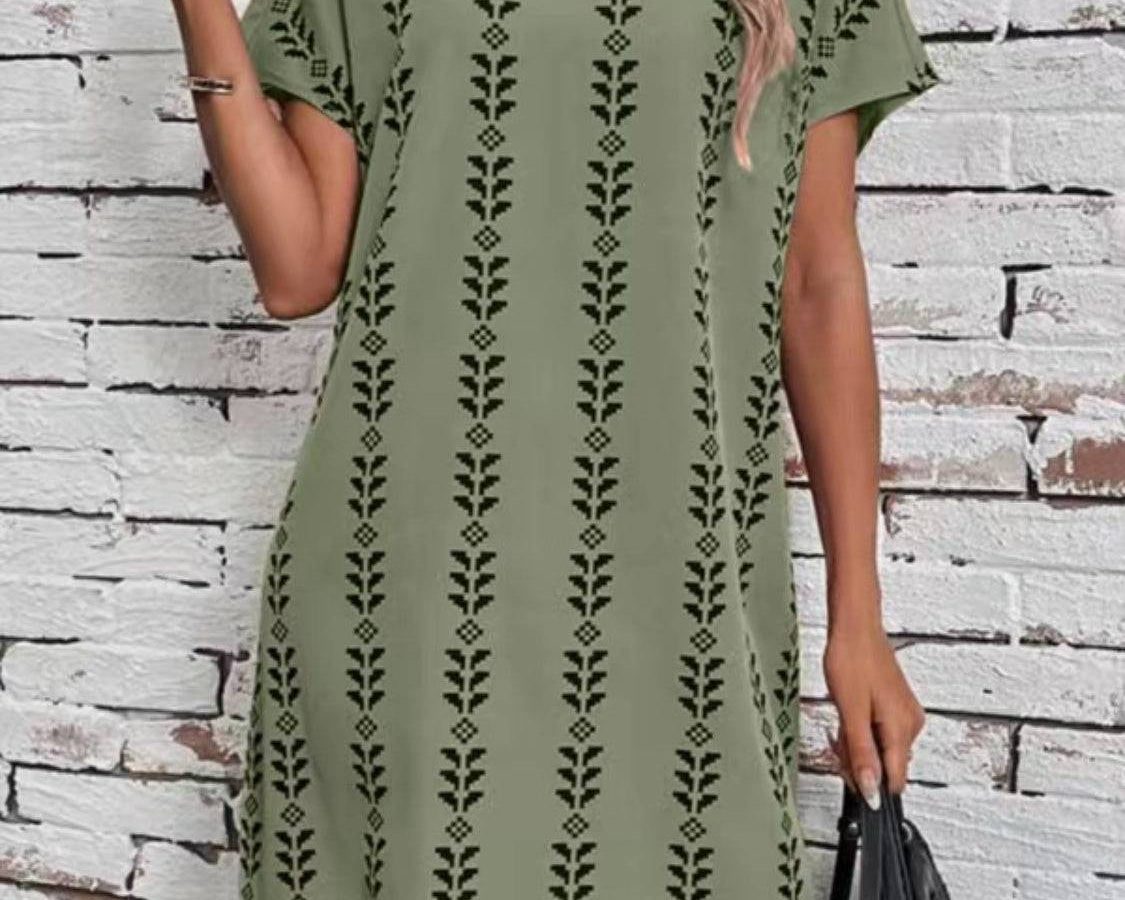 NYLD Wheat Motif Printed Round Neck Short Sleeve Dress - NEWYORKLISTED