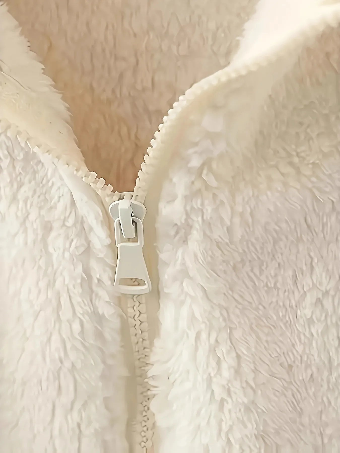 NEWYORKLSITED STYLE COLLECTION: Close-up of a white zipper on a fluffy beige fabric background
