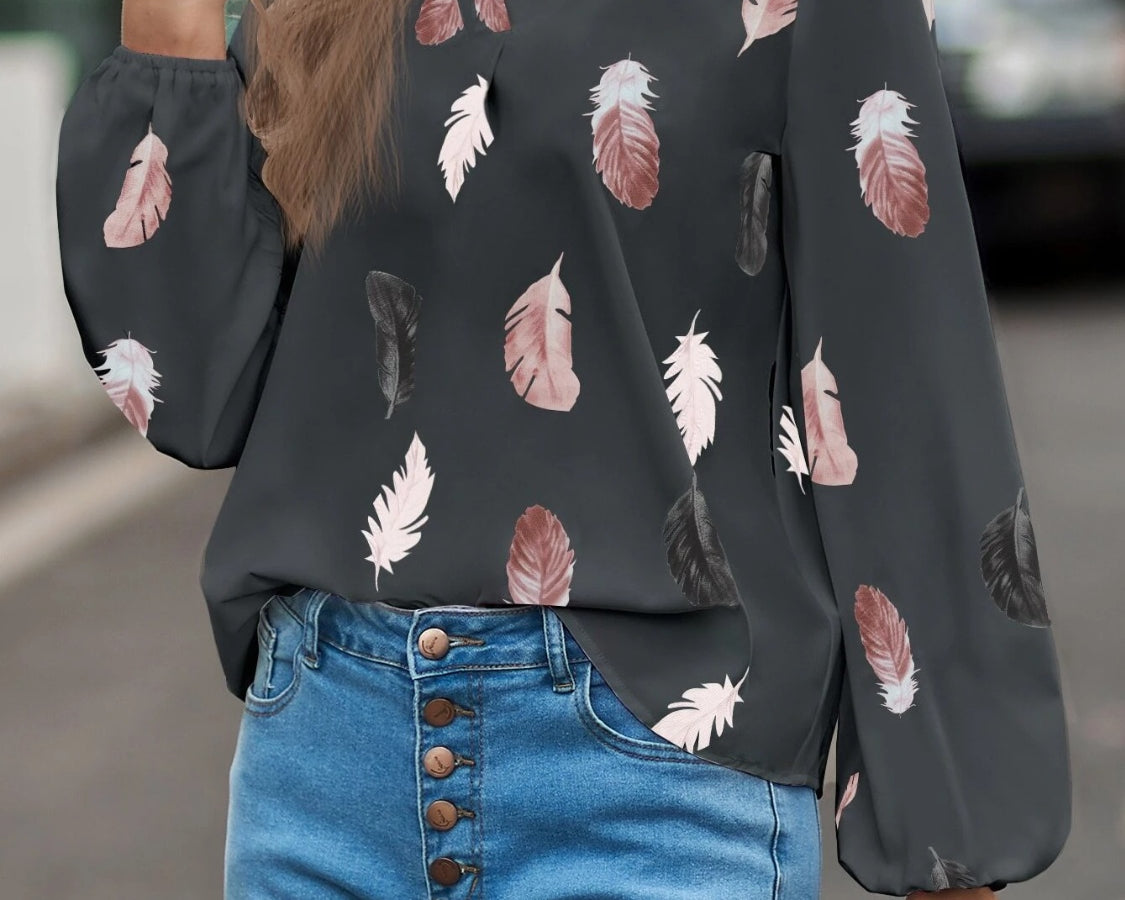 NEWYORKLISTED STYLE COLLECTION: Feather Print Balloon Sleeve Top - NEWYORKLISTED