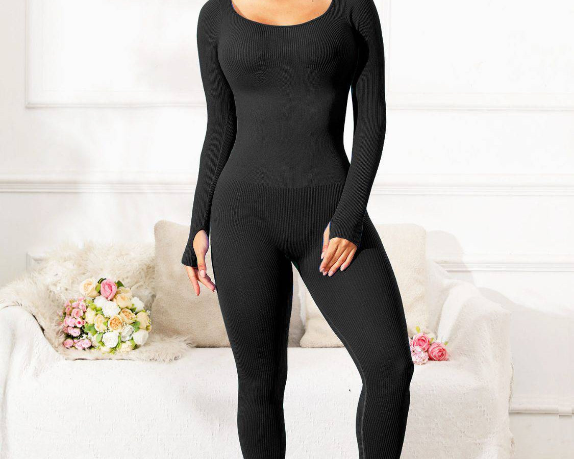 Scoop Neck Long Sleeve Active Jumpsuit - NEWYORKLISTED