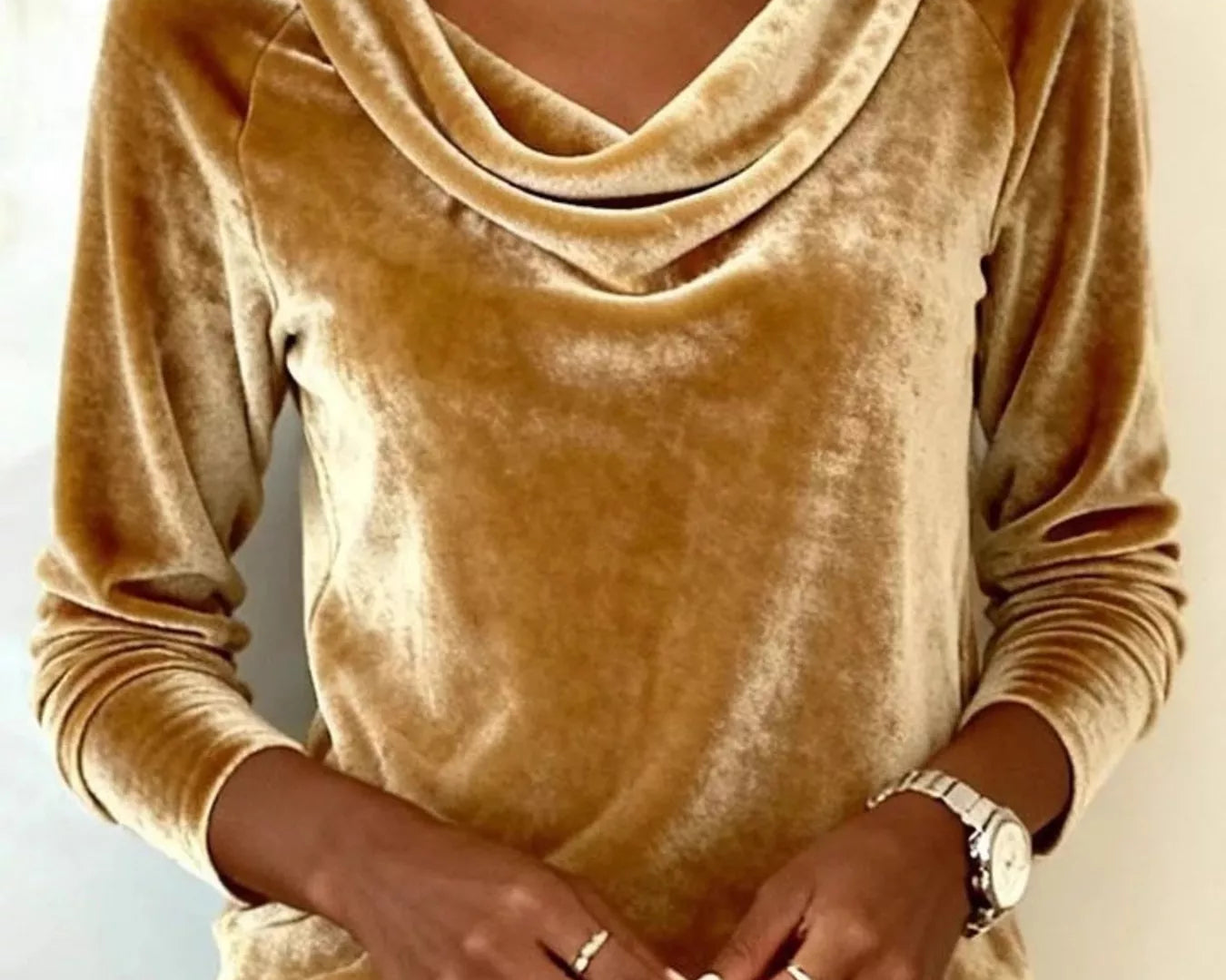 NEWYORKLISTED STYLE COLLECTION: Person wearing a brown velvet top with a plain background