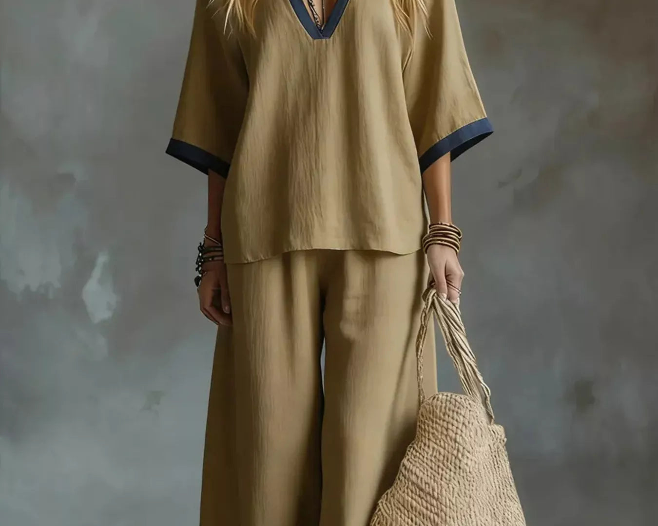 NEWYORKLISTED STYLE COLLECTION: Woman in a beige outfit holding a woven bag against a textured gray background