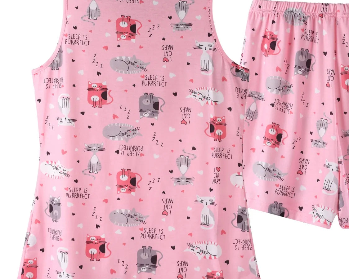 NEWYORKLISTED Intimate Apparel: Pink pajama set with animal and coffee cup pattern on a white background