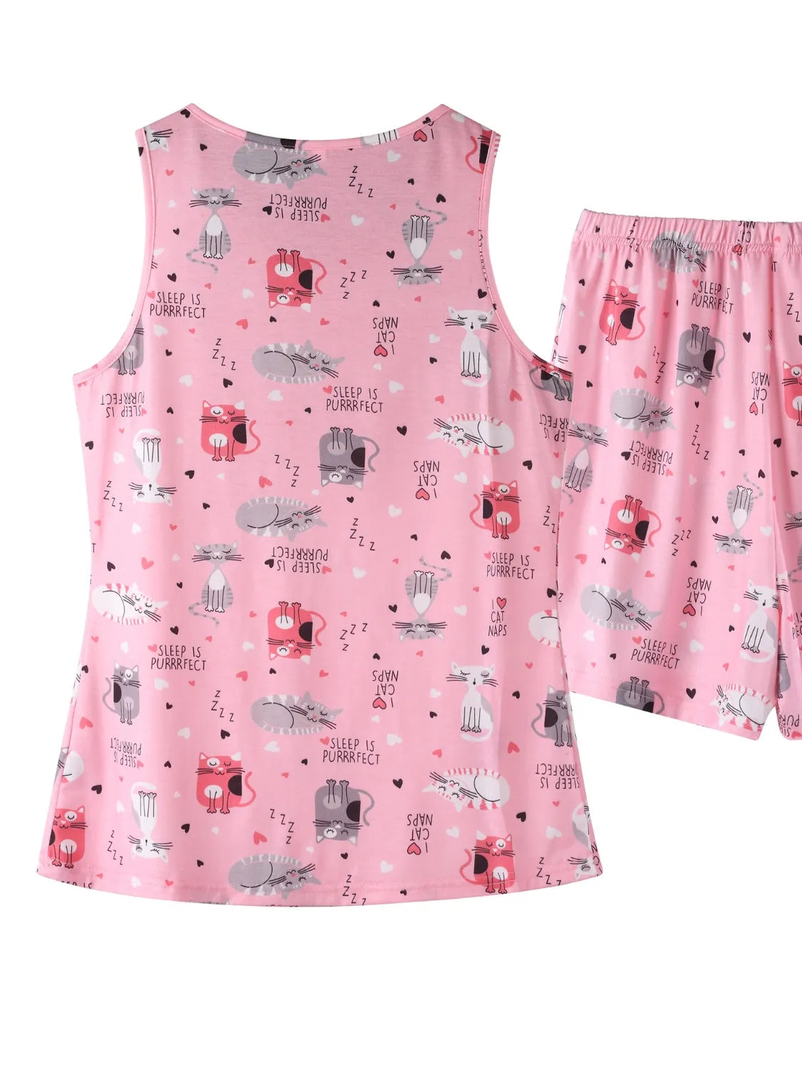 NEWYORKLISTED Intimate Apparel: Pink pajama set with animal and coffee cup pattern on a white background
