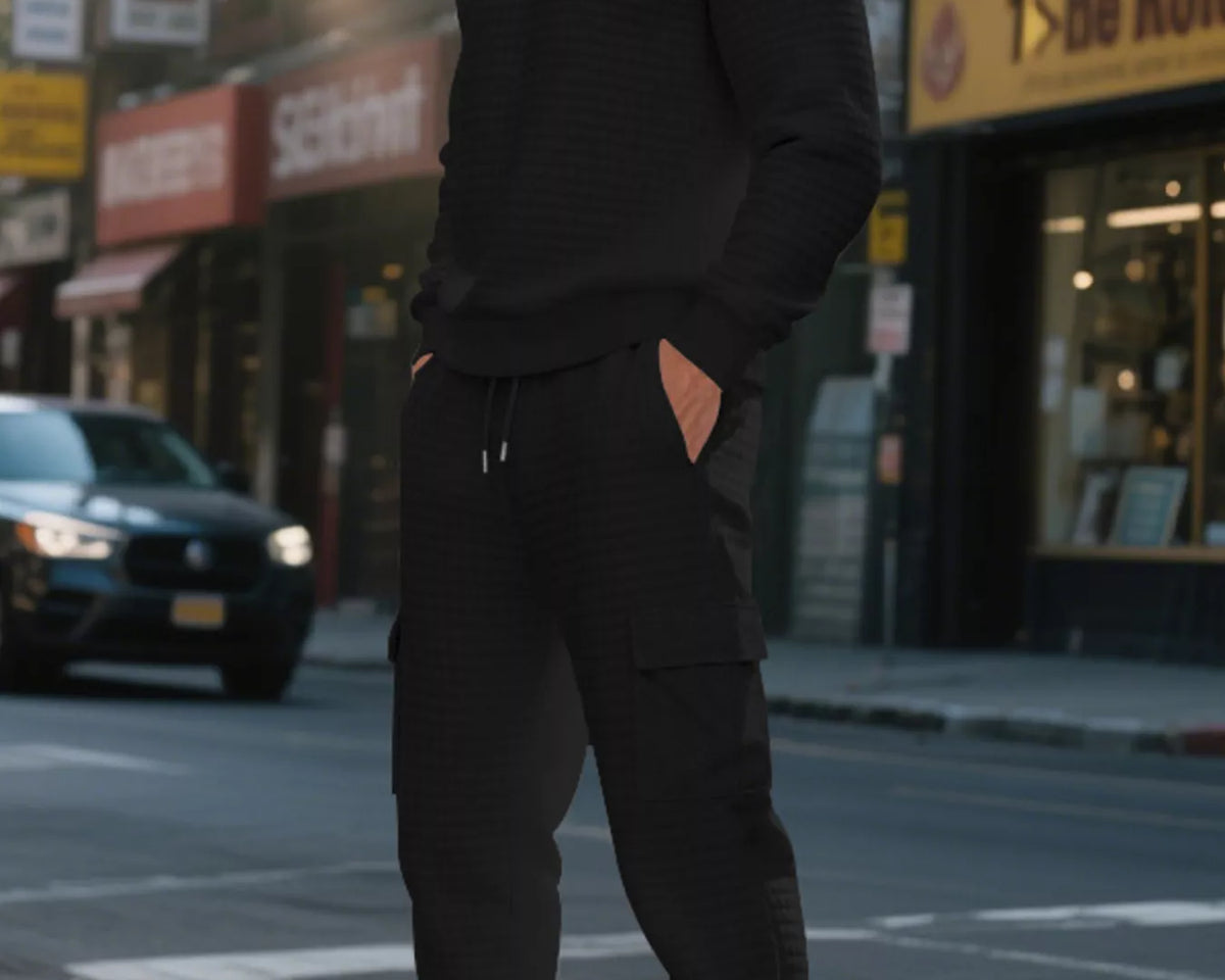 NEWYORKLISTED ATLAS MEN'S COLLECTION: A man wearing a black textured crewneck sweater and matching black cargo jogger pants stands on a city street at sunset, with his hands in his pockets.