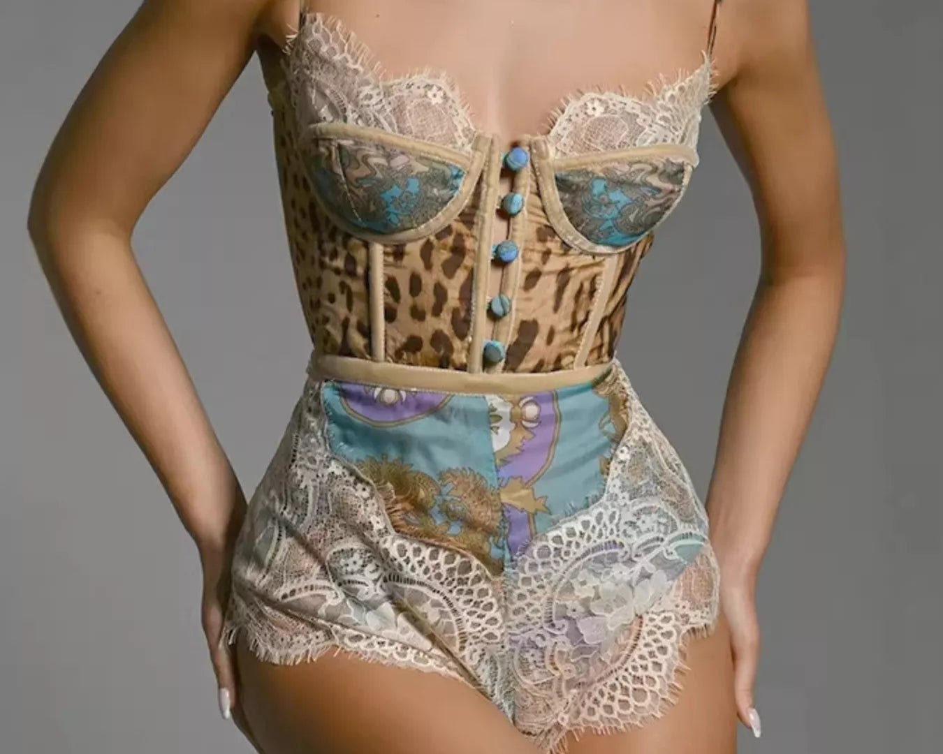 NEWYORKLISTED INTIMATE APPAREL: Lace lingerie set with leopard print top and colorful high-waisted shorts on a gray background