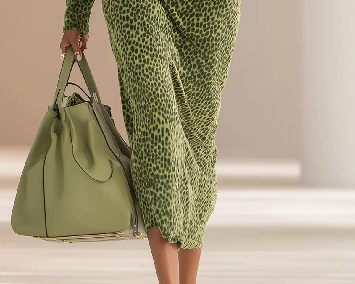 NEWYORKLISTED STYLE COLLECTION: Person wearing a green leopard print outfit holding a matching handbag.