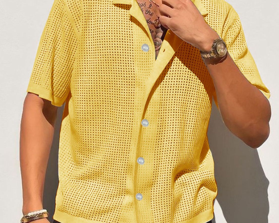 NEWYORKLISTED ATLAS MEN’S COLLECTION: Men’s Full Size Openwork Button Down Collared Neck Shirt – Breezy Sophistication for Every Size in Yellow