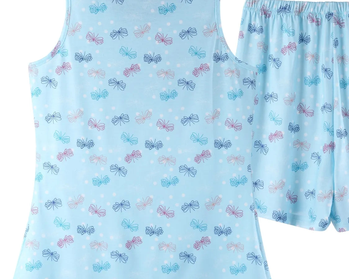 NEWYORKLISTED Intimate Apparel: Light blue tank top and shorts set with bow pattern on a white background