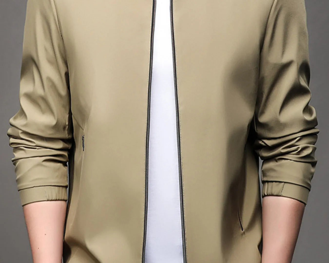 Men’s size zip-up long sleeve jacket in beige — NEWYORKLISTED ATLAS MEN’S COLLECTION.