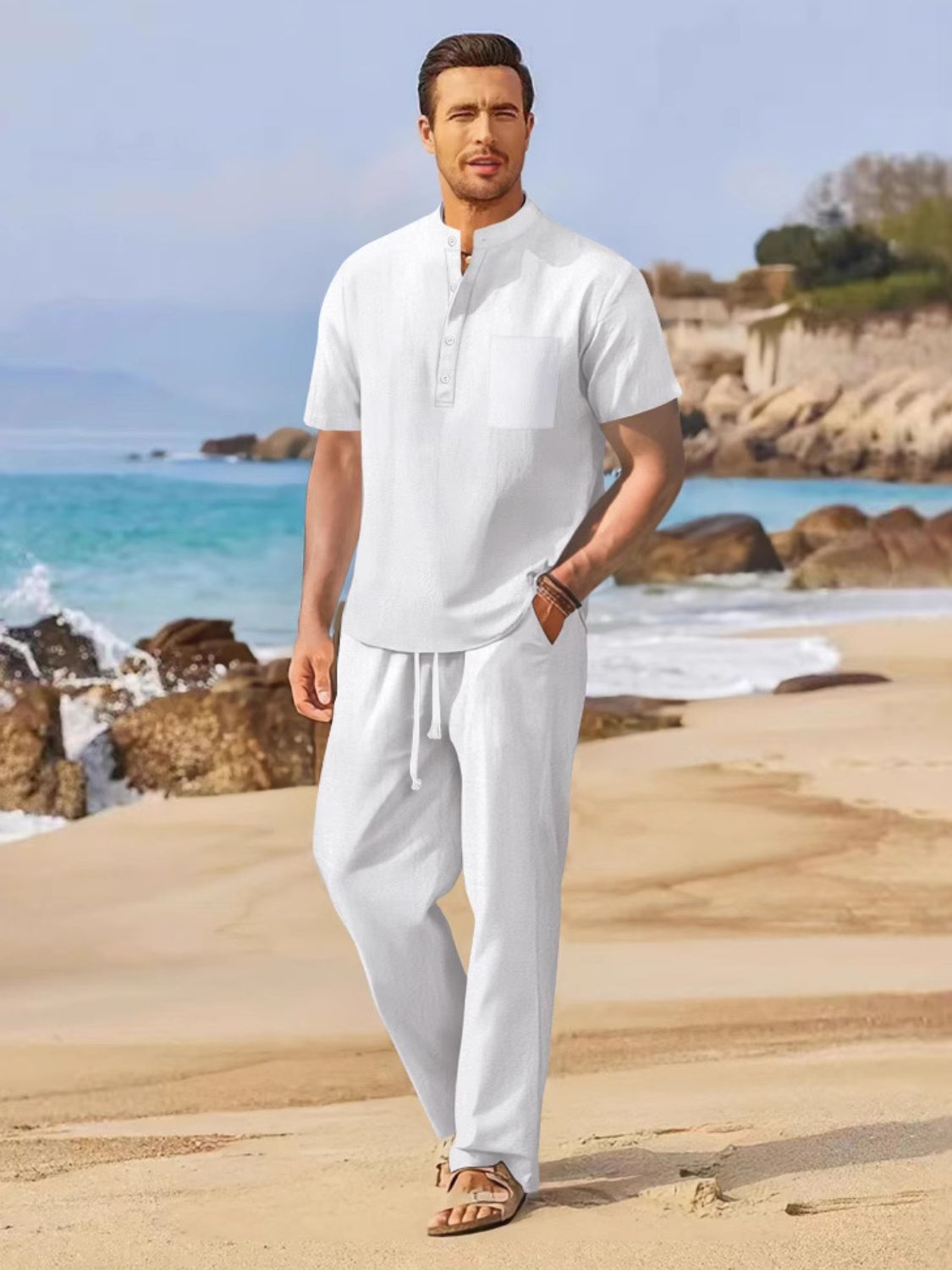 NEWYORKLISTED ATLAS MEN"S COLLECTION Half Button Top and Drawstring Pants Set - White