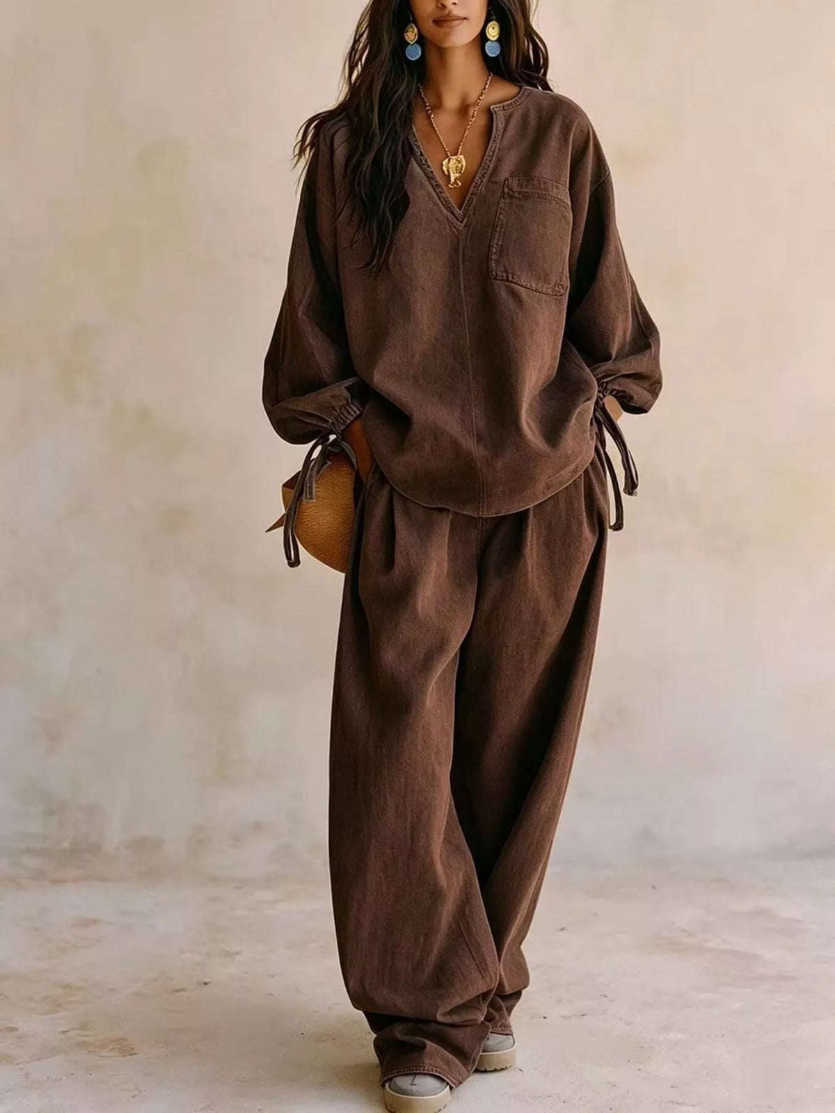 NEWYORKLISTED STYLE COLLECTION: A woman wearing a matching brown lounge set consisting of a long-sleeve V-neck top and wide-leg pants, styled with a small brown bag and gold jewelry against a textured beige wall.