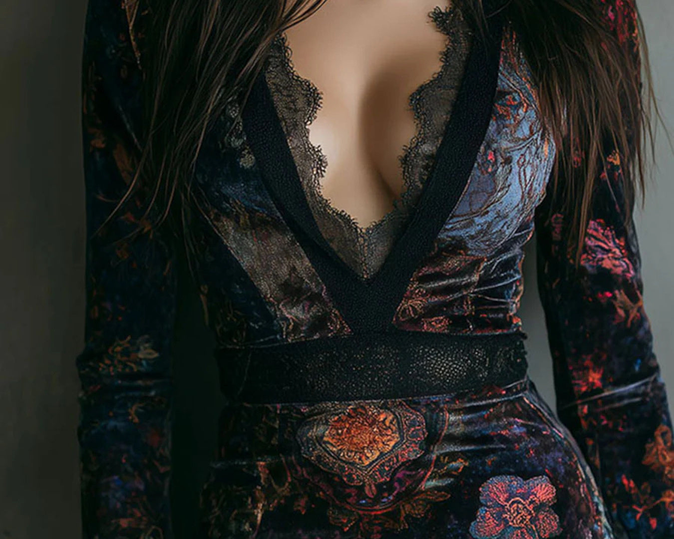 NEWYORKLISTED STYLE COLLECTION: Woman wearing a dark floral embroidered dress with a deep neckline against a gray background