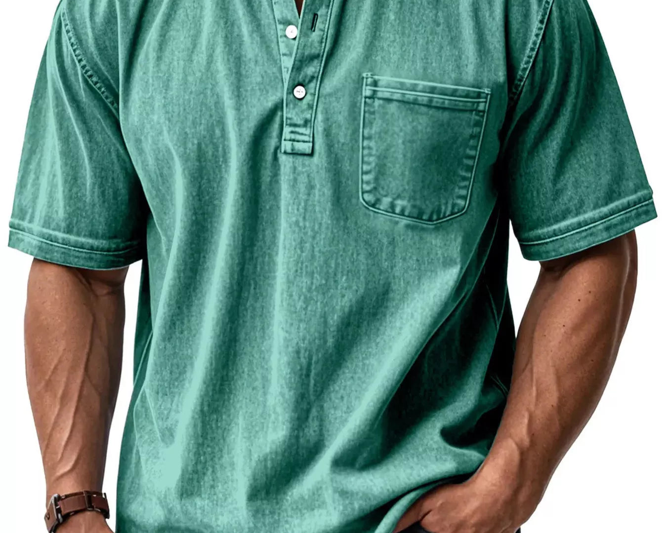 NEWYORKLISTED ATLAS MEN'S COLLECTION: Man wearing a green short-sleeve henley shirt with a pocket on a white background