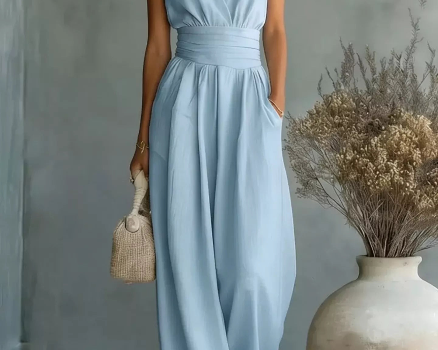 NEWYORKLISTED STYLE COLLECTION: Woman wearing a light blue dress holding a woven bag in a minimalistic setting with a vase and dried plants.