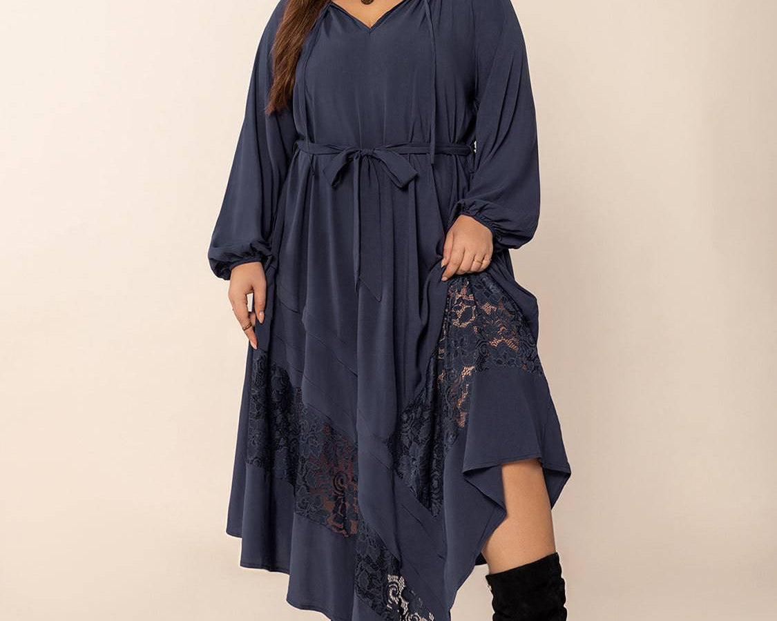 Plus Size Lace Detail Tie Neck Long Sleeve Midi Dress - NEWYORKLISTED
