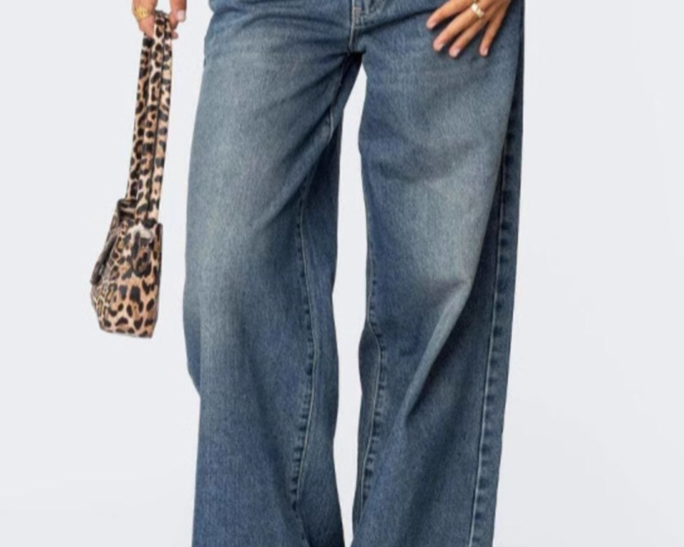 NEWYORKLISTED STYLE COLLECTION: Person wearing blue jeans with a leopard print handbag on a white background