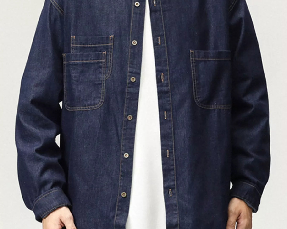 NEWYORKLISTED ATLAS MEN'S COLLECTION – Men's dark blue denim button-down shirt with chest pockets, front view