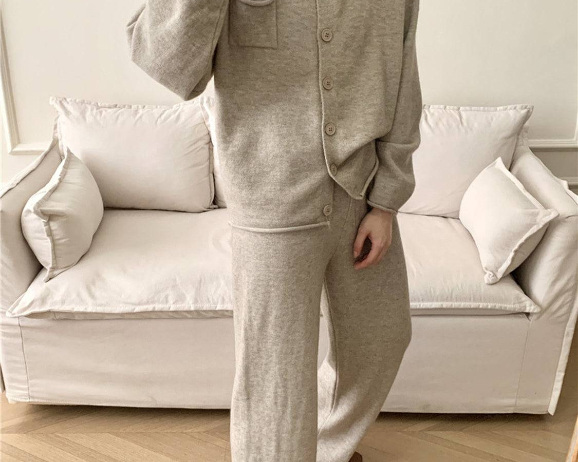 NEWYORKLISTED STYLE COLLECTION: Pocketed Round Neck Button Up Cardigan and Pants Sweater Set - NEWYORKLISTED