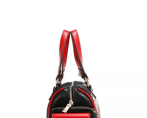 NEWYORKLISTED STYLE COLLECTION: Black and red handbag with a visible brand logo on a white background