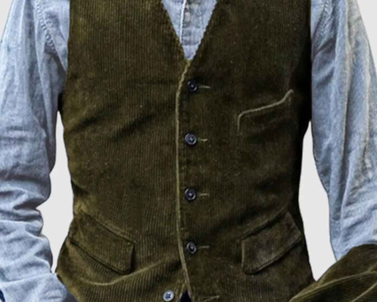 NEWYORKLISTED ATLAS MEN'S COLLECTION: Men's sleeveless corduroy layering vest, model view