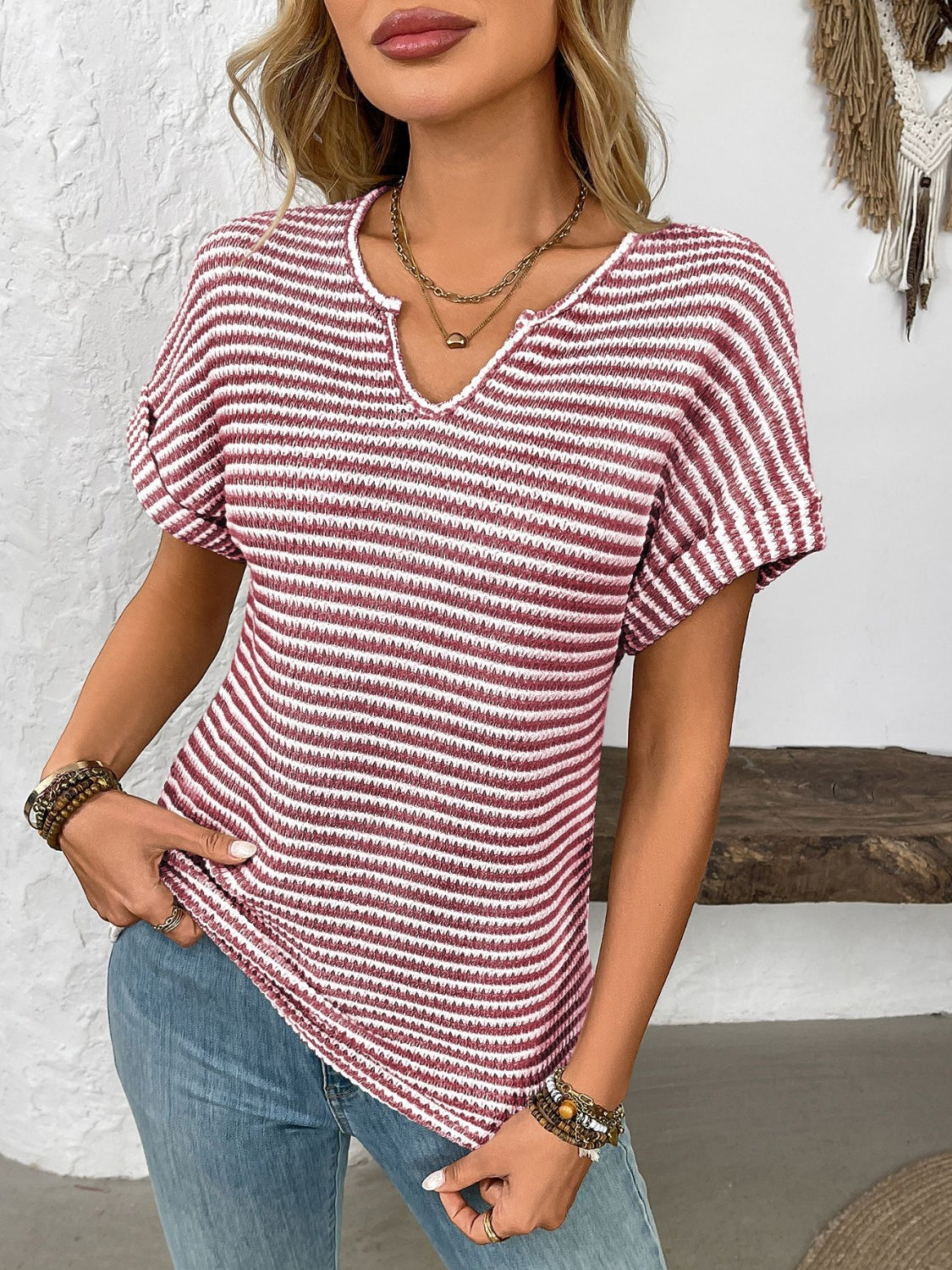 NEWYORKLISTED STYLE COLLECTION: Striped Notched Short Sleeve T-Shirt