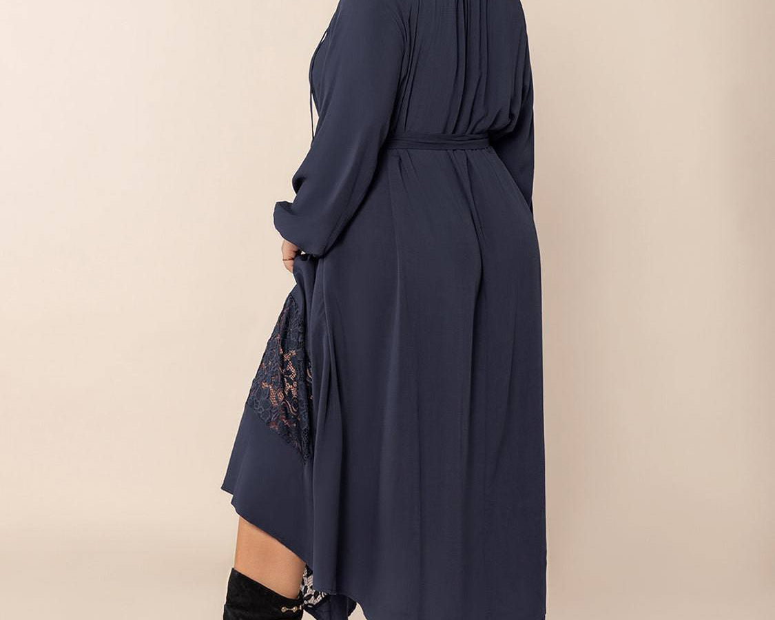 Plus Size Lace Detail Tie Neck Long Sleeve Midi Dress - NEWYORKLISTED